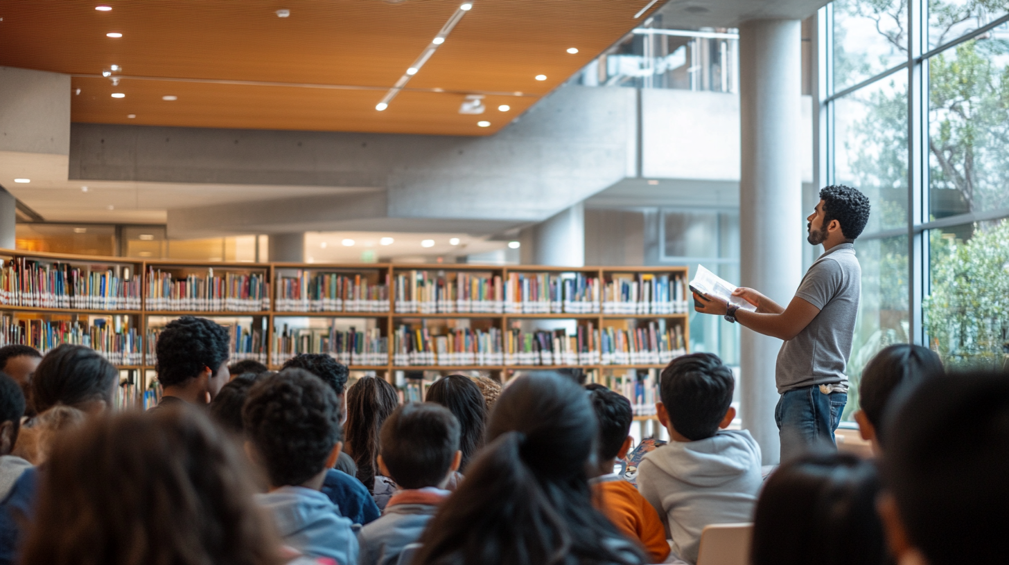 Man reading to children in a library