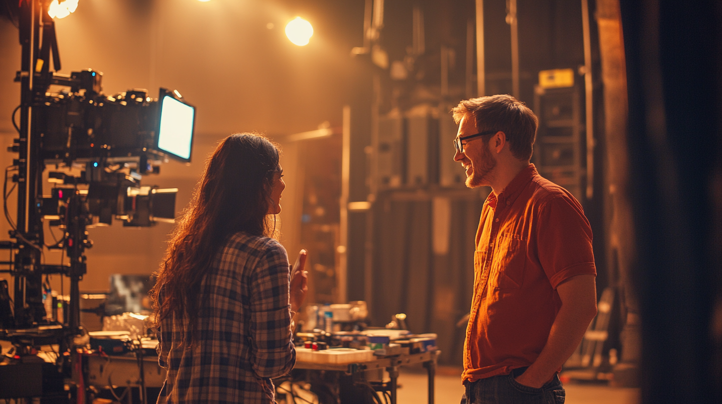 Man and woman talking on set of a sound stage